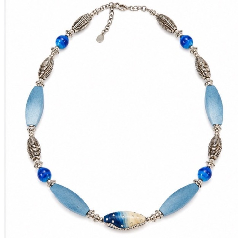 Chicos Blue Beaded Statement Necklace Silver Tone Ombre Rhinestone Coastal Boho